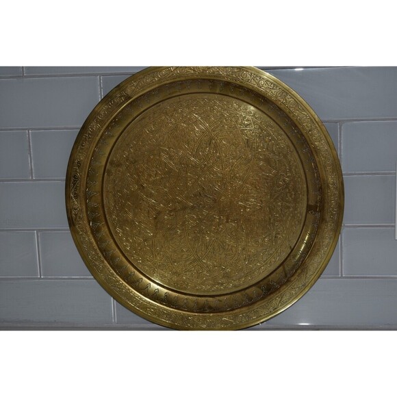Vintage 1970Brass Tray MCM India etch design has wall mount 16" Diameter patina - Picture 3 of 12